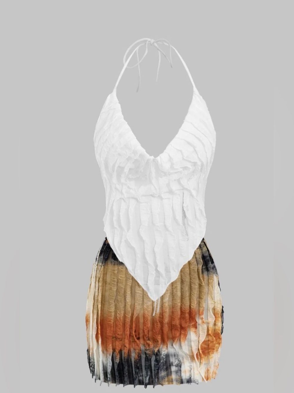 Micas Ruffle Tie Halter Backless Cowl Neck Top And Tie Dye Mini Skirt Set
